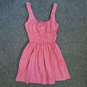 Sim & Sam Red Gingham Mini Dress Smocked Waist Cottagecore Picnic Womens Medium